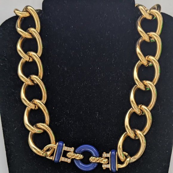 Vintage GIVENCHY Runway Statement Chunky Gold Tone Chain Link Enamel Necklace